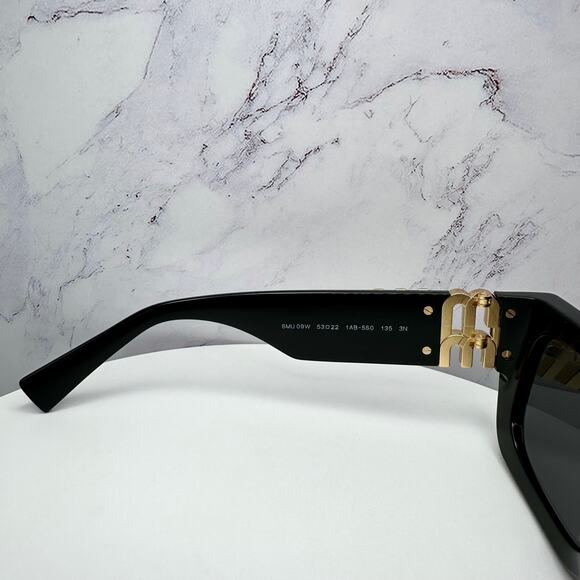 New MIU MIU Sunglasses New Black Acetate Gold Metal Logo Square Cat Eye - Picture 6 of 16